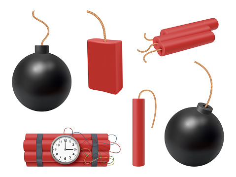 Dynamite stick. Realistic bombs firecracker fire explosion dangerous weapons decent vector pictures set. Illustration of danger detonate with cable to explode
