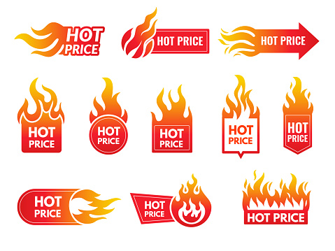 Hot price. Promotional badges with stylized flame shopping sales deals and discount for retailers perfect offers recent vector logo collection. Illustration of badge hot price
