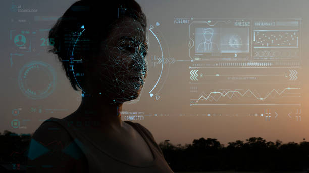Facial Recognition System concept with Face Recognition and 3D scanning interface. stock photo