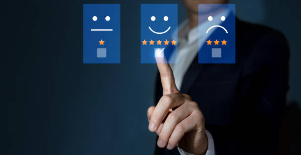 istock Gold five star rating feedback on virtual sreen. Concept of satisfaction, quality and performance. 1363750252