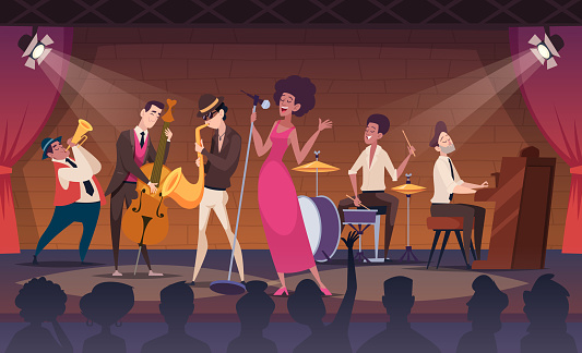 Musicians. Performance jazz band on promo stage music concert exact vector cartoon background. Jazz music performance band