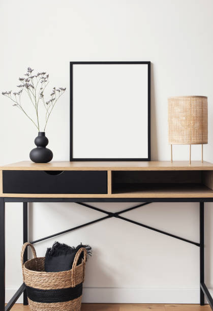 Blank white picture frame on a wall. Artwork mock-up in interior design