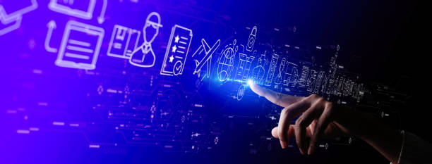 istock Businesswoman hand using Digital computer of global logistics network distribution and transportation Ui, Smart logistics, Innovation future of transport on blue background. 1363750736