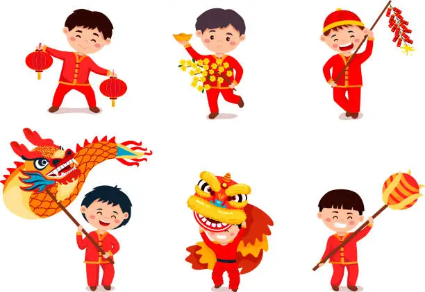 Vector illustration of Happy Chinese lunar new year, Cute Asian Chinese Children Cartoon Set.Vector illustration