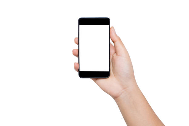 istock Hand holding black smartphone mockup blank screen isolated on white background 1363753184