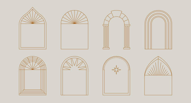 Vector set of design elements and illustrations in simple linear style - boho arch logo design elements and frames for social media stories and posts vector art illustration