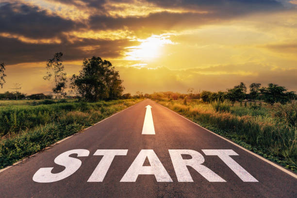 istock Start text on the highway road concept for planning and challenge or career path, business strategy in sunset background. 1363755768