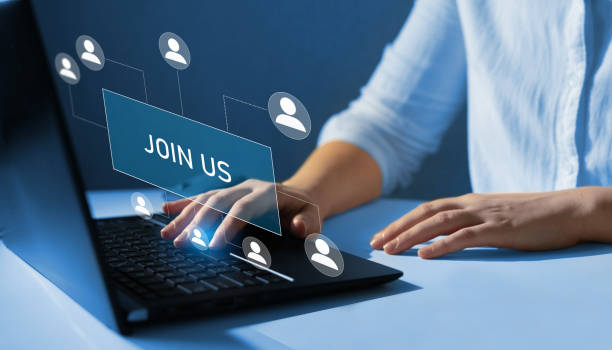 istock Human resources recruitment concept.Membership hiring and join us team recruitment. Virtual screen with advertise hiring opportunities. 1363756623
