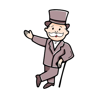 Elderly gentleman in top hat with walking stick in doodle style isolated on white background. Vector hand drawn illustration