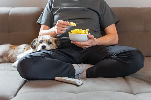 A man with a dog and potato chips is sitting on a sofa