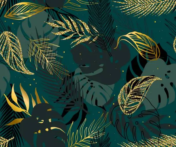 Vector illustration of Seamless pattern with gold, green and black leaves. Vector background, illustration for fabric, printing.