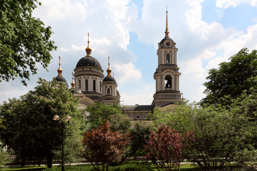 Cathedral in the background moving clouds. Savior Transfiguration Cathedral. Donetsk, Ukraine