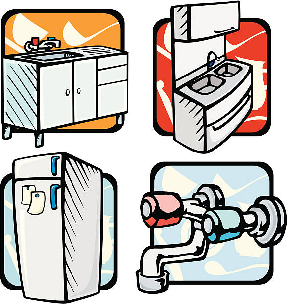Kitchen Illustrations: Sinks & Refrigerator (Vector) A set of 4 vector illustrations of kitchen sinks and refrigerator. keeping cool stock illustrations