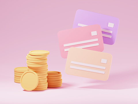 Bank credit cards and stack of coins, 3d rendering illustration in cartoon style. Concept of money savings, contactless payment, online shopping, investment. 3d render icon of cash and debit card.