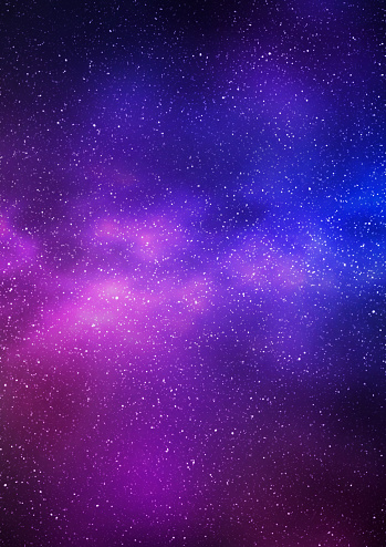 Night starry sky and bright purple blue galaxy, vertical background. 3d illustration of milky way and universe