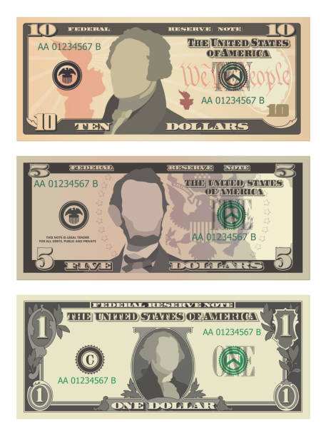 Set of ten dollars, five dollars and one dollar bills from obverse. 10, 5 and 1 US dollars banknotes. Business, banking and success concept. Vector illustration of USD isolated on white background Set of ten dollars, five dollars and one dollar bills from obverse. 10, 5 and 1 US dollars banknotes. Business, banking and success concept. Vector illustration of USD isolated on white background five dollar bill stock illustrations