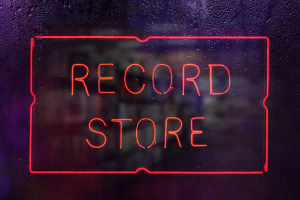 istock Vintage Neon Record Store Sign in Rainy Window 1363762888