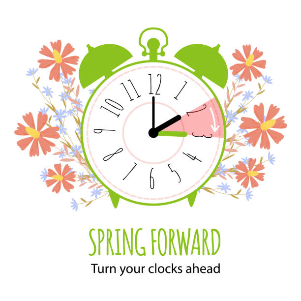 일광 절약 시간. 시계를 앞으로 설정하는 일정과 봄 앞으로 개념 - 시간대 stock illustrations