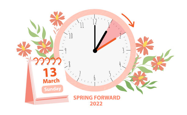 Daylight Saving Time Begins concept. Vector illustration of clock and calendar date Daylight Saving Time Begins concept. Vector illustration of clock and calendar date of changing time in march 13, 2022 with spring flowers decoration. Spring Forward Time illustration banner daylight saving time stock illustrations