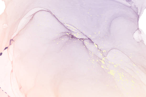 istock Watercolor background with abstract pastel purple and pink ink waves and golden splashes. 1363764151
