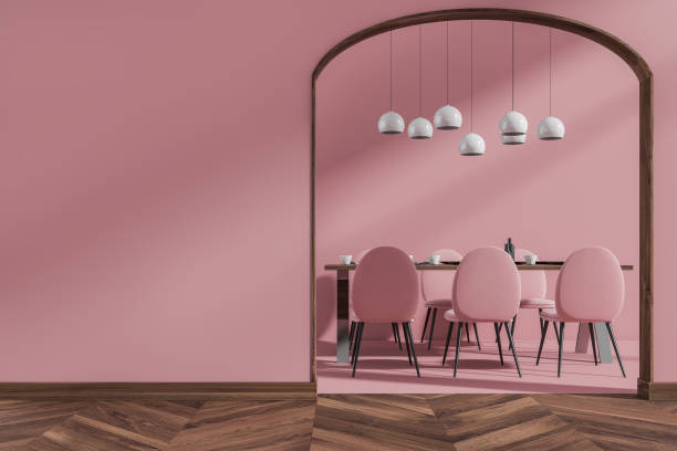 istock Bright living room interior with empty pink wall, six armchairs 1363764641