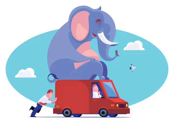 Vector illustration of businessmen carrying elephant on van