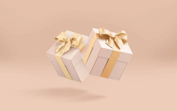istock Blank craft gift box with gold ribbon mockup, no gravity 1363765191