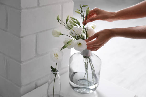 屋内の花瓶から美しい花を取る女性、クローズアップ - vase ストックフォトと画像