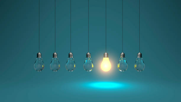 istock Light bulb idea. 3d render light bulb shines next to the extinguished ones. Leadership, inspiration, right decision and energy saving concept 1363765742