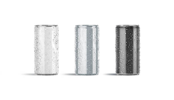 istock Blank white, silver, black 280 ml soda can with drops mockup 1363765901