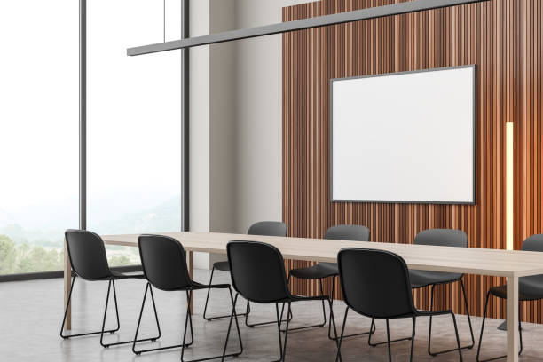 istock Modern panoramic meeting room with horizontal white board. Corner view. 1363765941