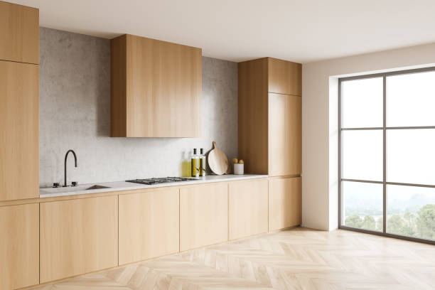istock Light kitchen set interior with shelves and window, parquet floor 1363765979