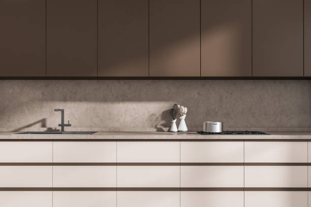 istock Close up view on bright kitchen interior with marble wall 1363766161