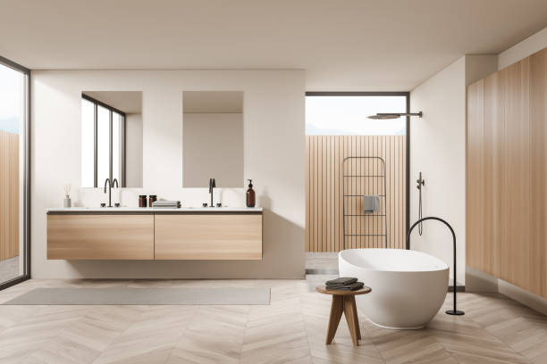 intérieur de salle de bain en bois avec baignoire et deux lavabos, douche et échelle à serviettes - salle de bains photos et images de collection