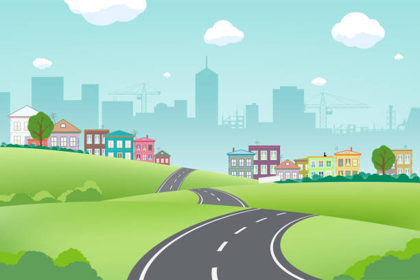 illustrations, cliparts, dessins animés et icônes de route sur le fond de la ville avec des maisons. paysage de banlieue. - scenics highway road backgrounds