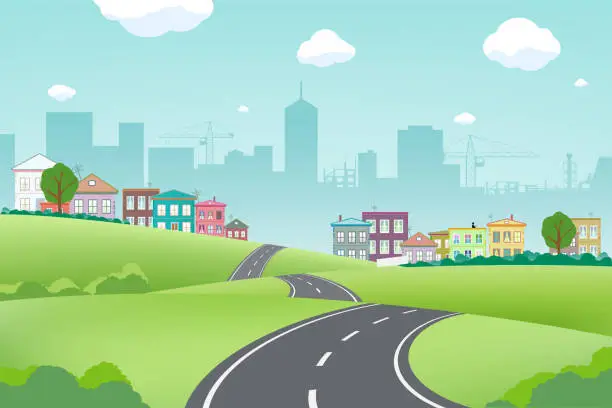 Vector illustration of Road on the background of the city with houses. Suburb landscape.
