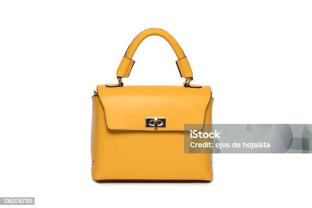 Yellow Leather Bag Of Isolated Woman On White Background Stock Photo - Download Image Now