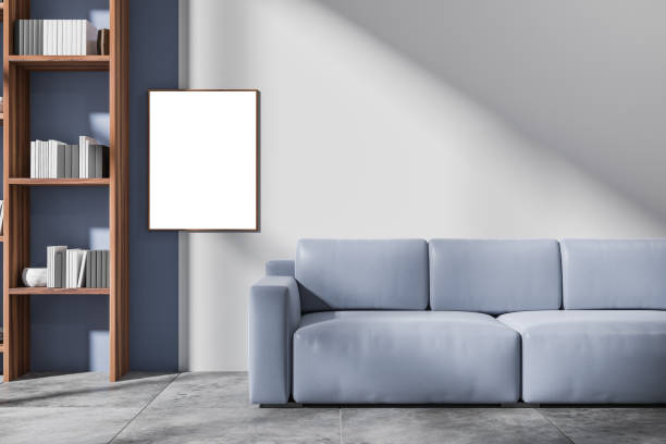 istock Bright living room interior with empty white poster, blue sofa 1363767332