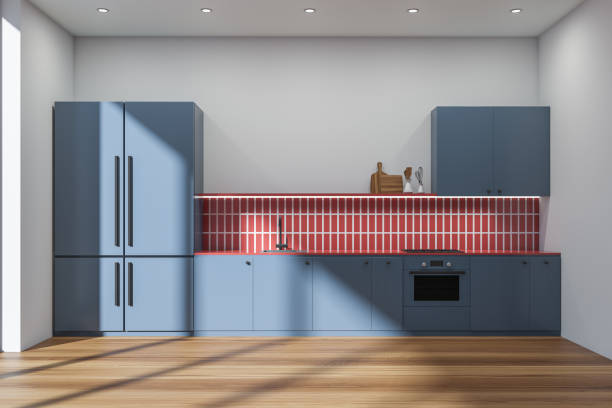 istock Light kitchen set interior with shelves and appliances, parquet floor 1363767486