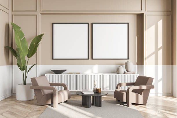 istock Two empty square canvases in beige and white room with seating area 1363767743