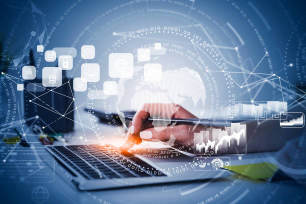 istock Businesswoman is typing message on laptop with digital interface 1363767904
