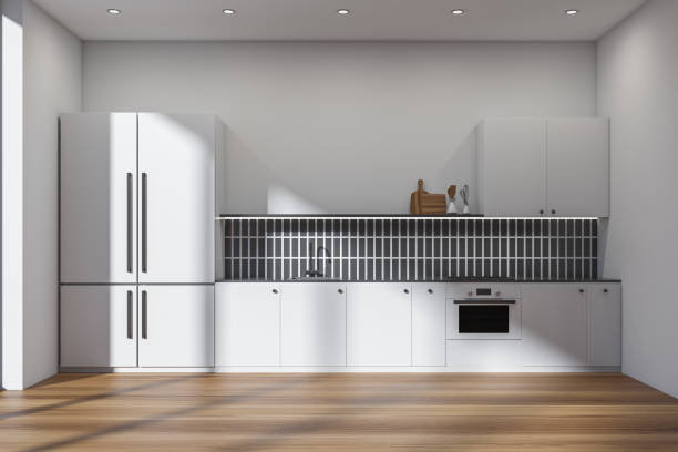 istock White kitchen set interior with shelves and appliances, parquet floor 1363769059