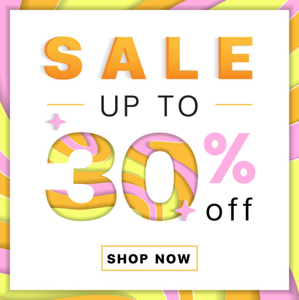 ilustrações de stock, clip art, desenhos animados e ícones de sale up to 30% off promotion discount online shopping abstract pink yellow orange mountain geography contour map 3d layer cutout paper card advertising web banner marketing - backgrounds light wave pattern waving