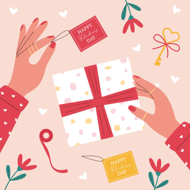 バレンタインの日のための手の梱包の贈り物 - love flower single flower letter点のイラスト素材／クリップアート素材／マンガ素材／アイコン素材