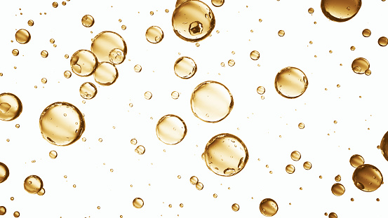 Golden bubble particles isolated float on white background space. Abstract illustration copy space template
