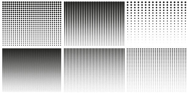 ハーフトーン長方形ピクトグラムセット。グラデーション幾何ドット背景。抽象的な黒と白のラスター。垂直方向のグラデーション効果。フェードハーフトーン。パターン。分離ベクトルの� - pattern white toned image backgrounds点のイラスト素材／クリップアート素材／マンガ素材／アイコン素材