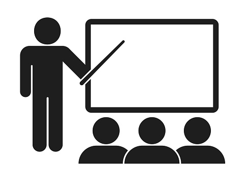 Training icon vector. Training education icon. Blackboard with teacher. Seminar vector sign. Business conference pictogram.