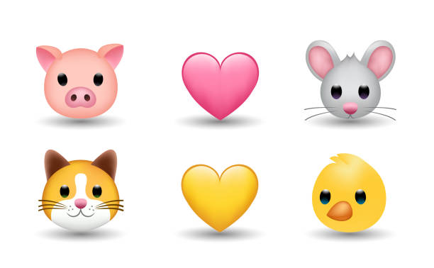 illustrations, cliparts, dessins animés et icônes de cochon, cœur rose et jaune, souris, chat, poulet vecteur emoji illustration - pig