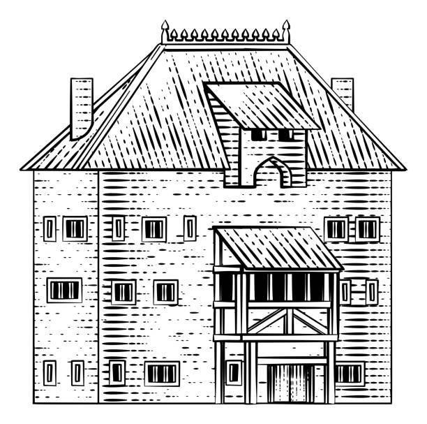 An old medieval house or inn building drawing or map design element in a vintage engraved woodcut style