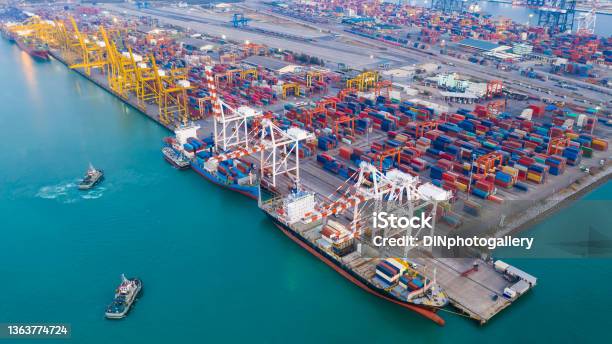 Transport Dock And Container Warehouse And Shipping Loading And Unloading Cargo Containers Stock Photo - Download Image Now